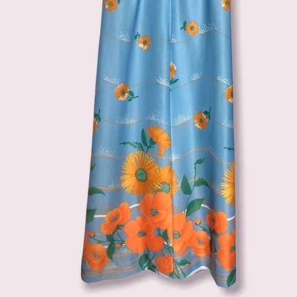 Vintage Maxi Dress Womens XS Blue Orange Floral 100 Parkhouse Dallas Cape Sleeve - Picture 6 of 10